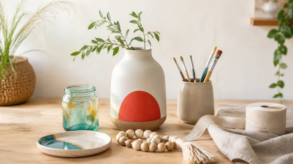 Bright DIY home decor workspace with handmade vases and craft supplies