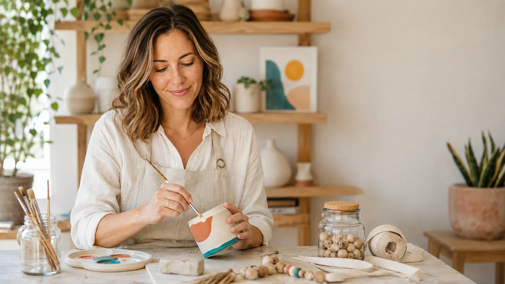 Claire Bennett working in her bright DIY home decor studio