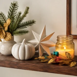 Handmade seasonal shelf display with pumpkins and candlelight Handmade seasonal shelf display with pumpkins and candlelight