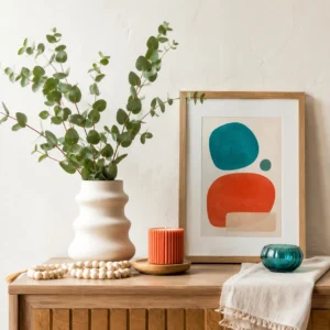Eucalyptus vase and handmade decor styled on a shelf Eucalyptus vase and handmade decor styled on a shelf