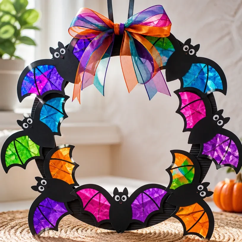 Blue Rainbow Bat Suncatcher Wreath for Halloween window decor
