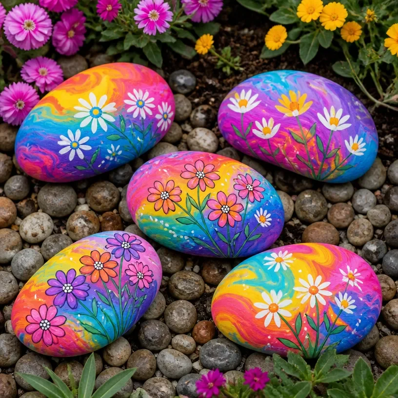 Colorful flower garden decor featuring rainbow-painted rocks in a lush garden.