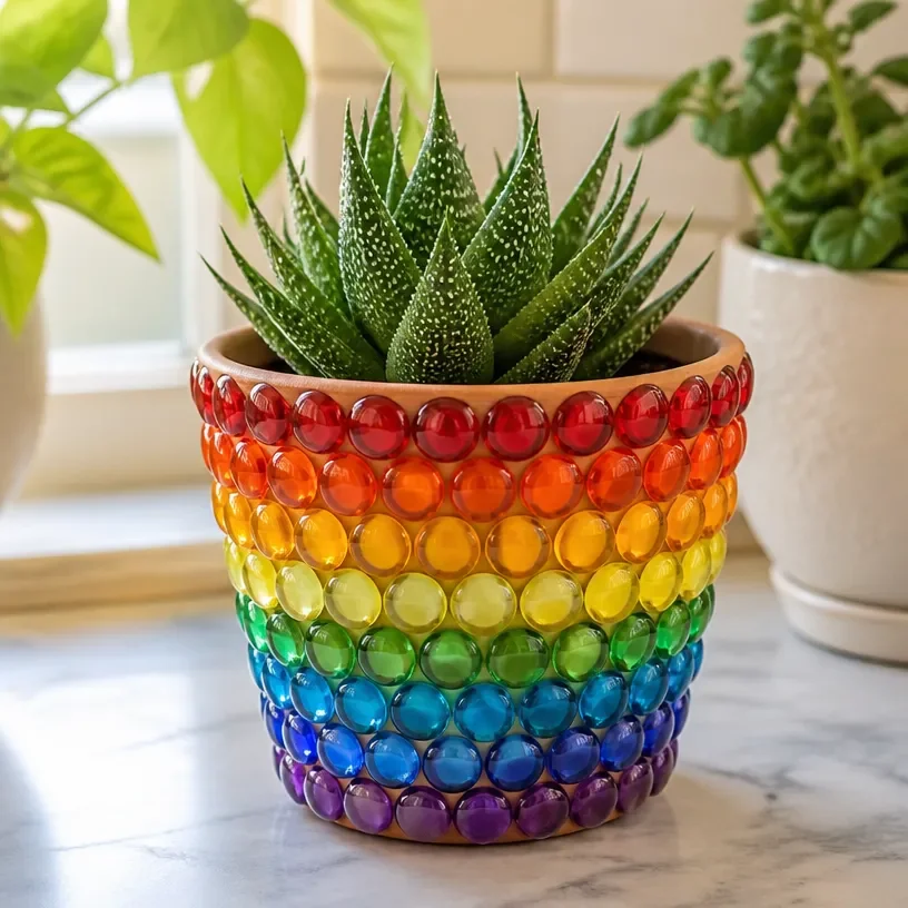 Colorful rainbow mosaic planter for vibrant indoor or outdoor decoration