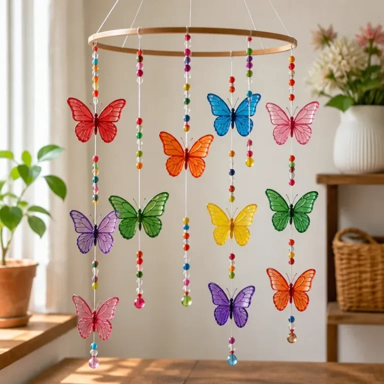 Colorful DIY butterfly mobile made from recycled bottles hanging in a room.