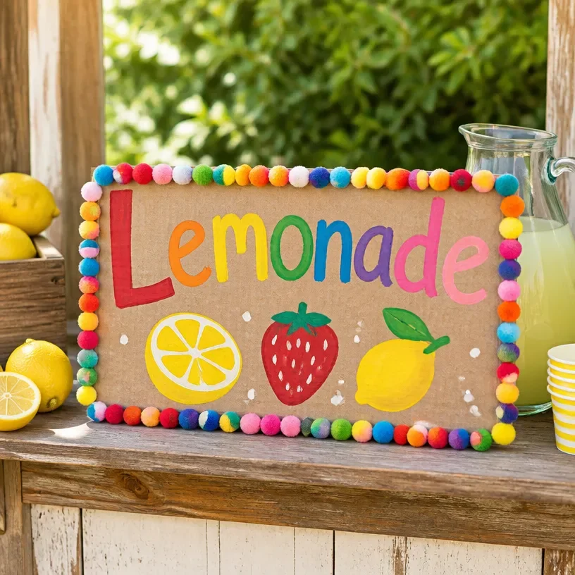 DIY cardboard rainbow lemonade stand sign tutorial