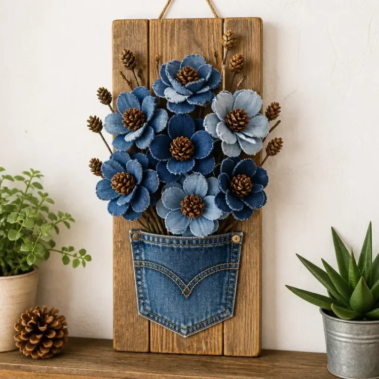 DIY denim bouquet crafted from recycled jeans for unique home decor.