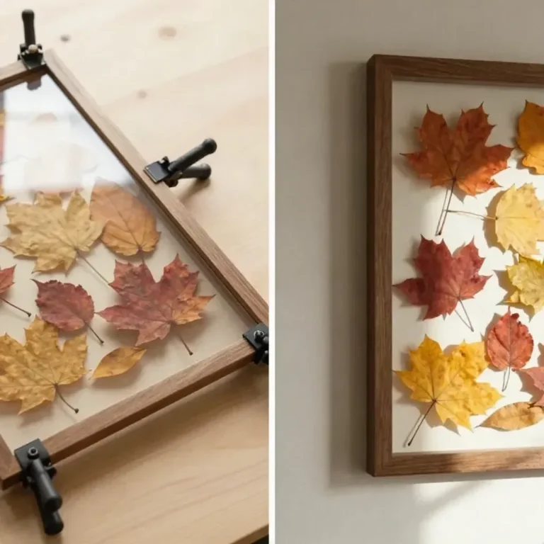DIY floating pressed leaf frame showcasing vibrant leaves in a decorative display