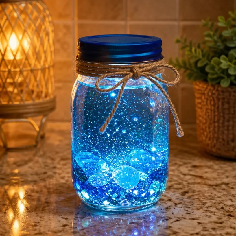 DIY glowing ocean jar tutorial with blue and green glowing effects.