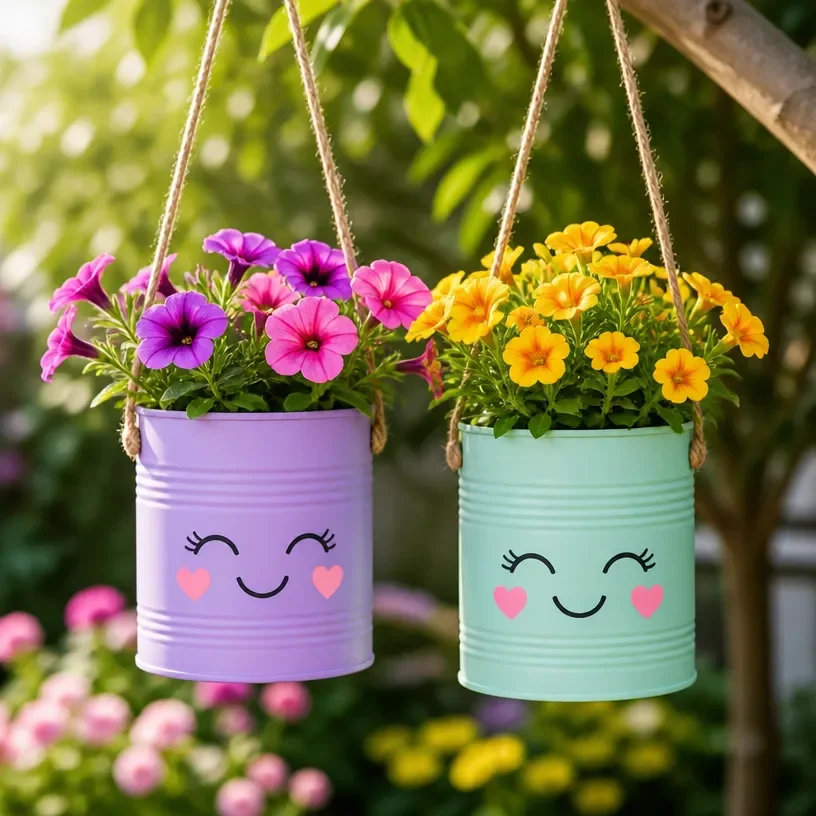 DIY hanging planters made from recycled tin cans showcasing vibrant plants.