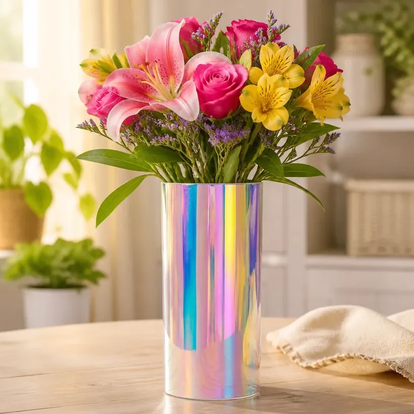 DIY iridescent holographic flower vase tutorial with colorful floral arrangement