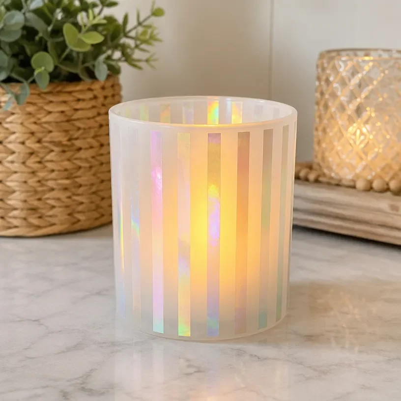 DIY iridescent hurricane candle holder tutorial with glowing designs.
