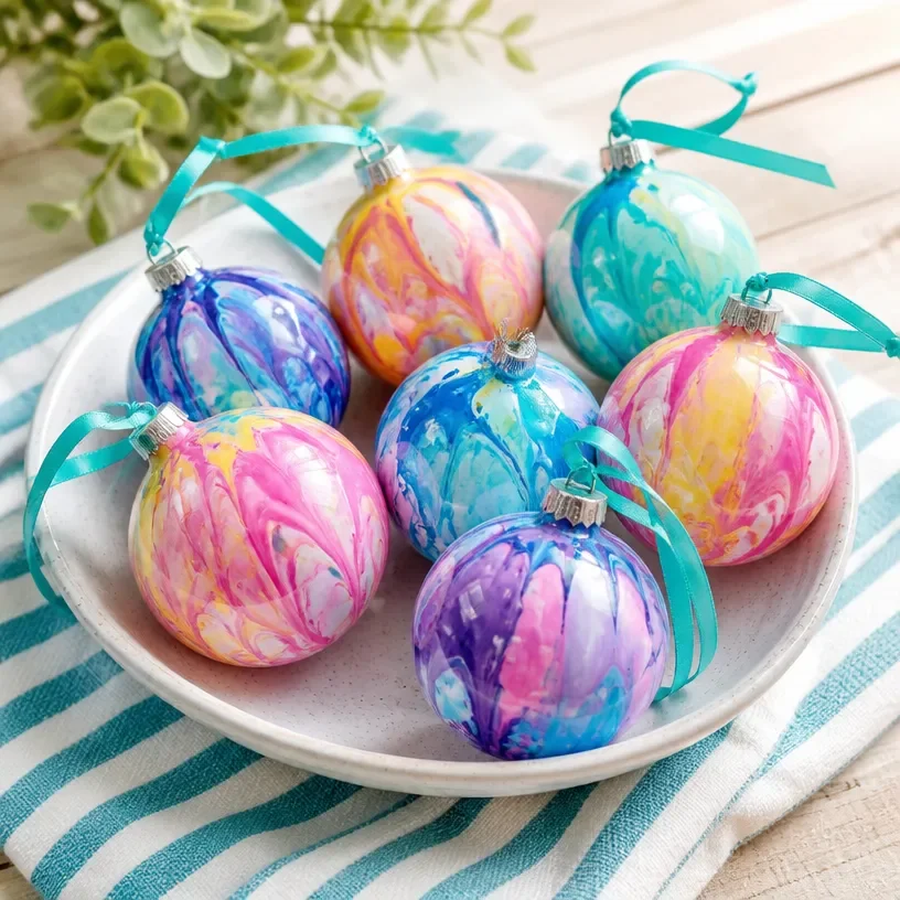 DIY marble-effect ornaments for summer decor showcasing stylish designs.