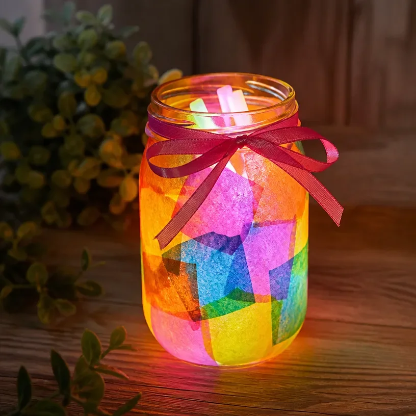 Colorful DIY Mason Jar Lanterns glowing with sticks for outdoor lighting