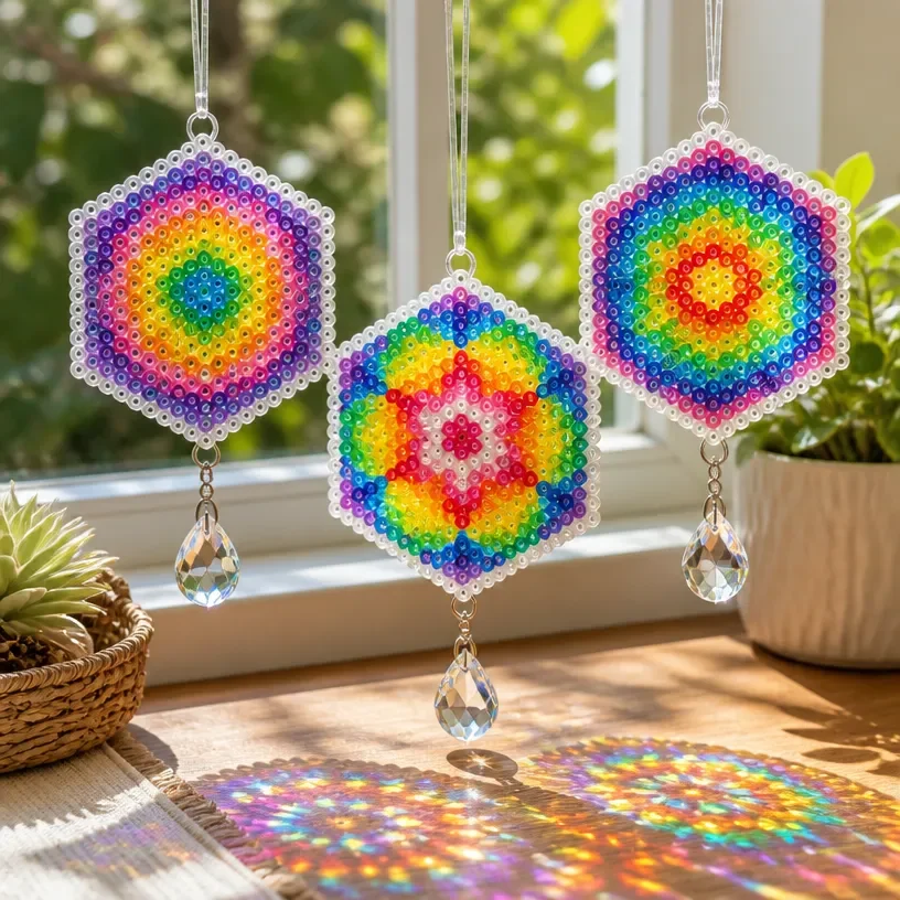 Colorful melted bead suncatchers hanging in sunlight, showcasing DIY craft project.