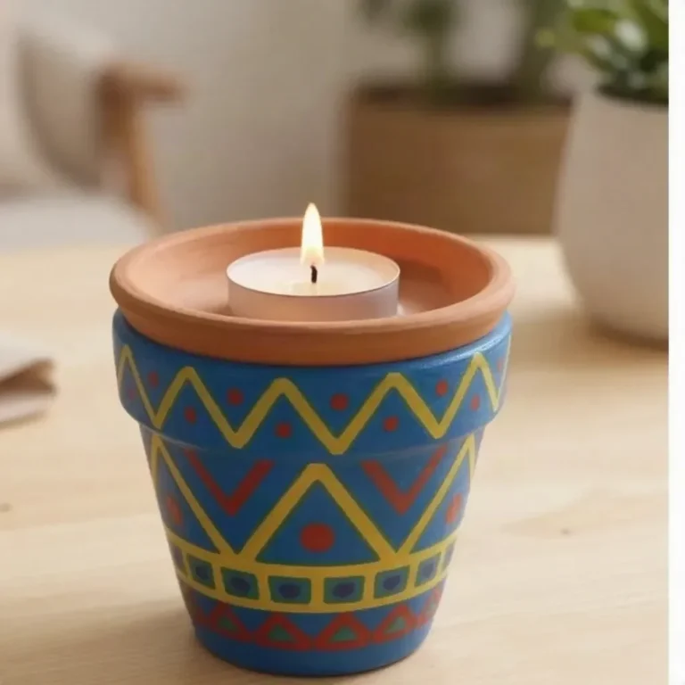 DIY painted terracotta candle holder in vibrant colors for home decor