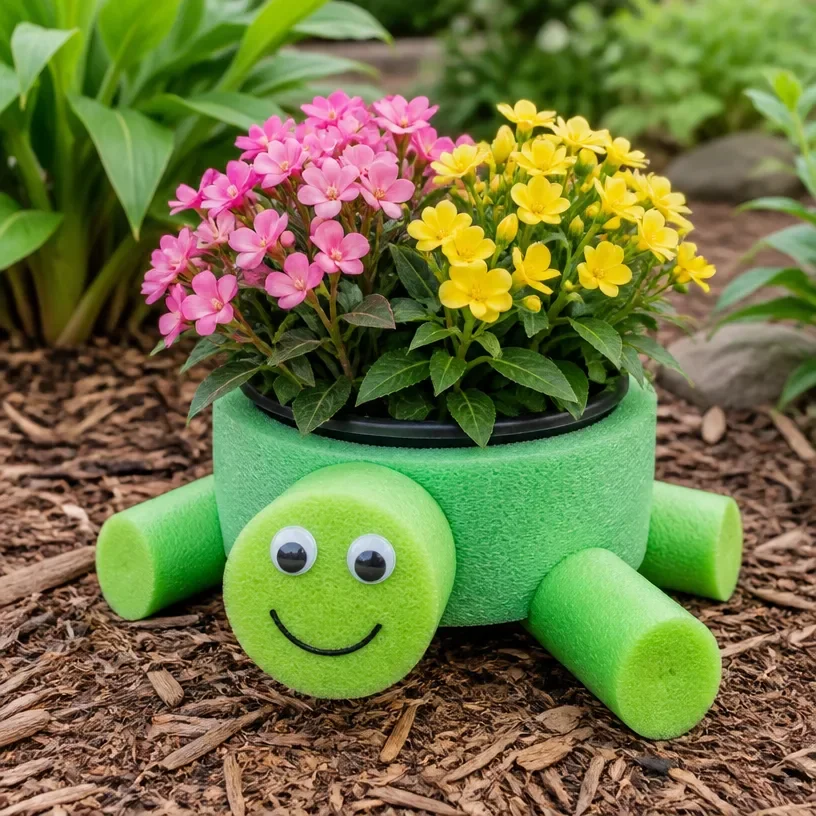 DIY pool noodle turtle planter for outdoor garden decor
