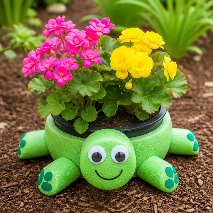 Colorful DIY pool noodle turtle planter adds charm to garden decor.