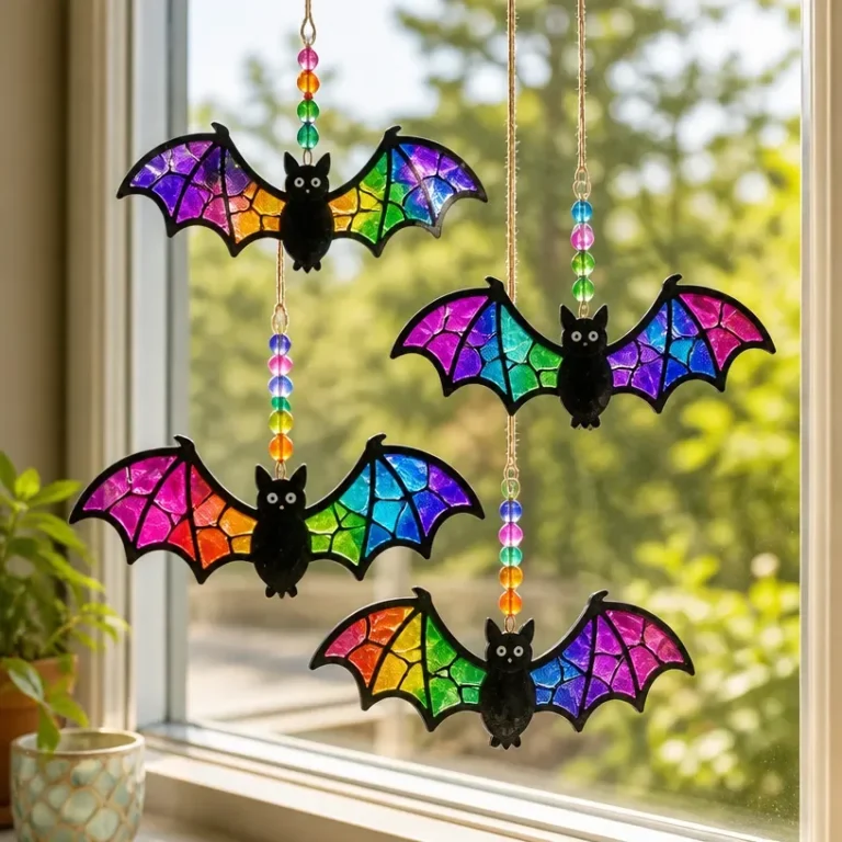 DIY rainbow bat suncatchers made from recycled bottles for colorful decor
