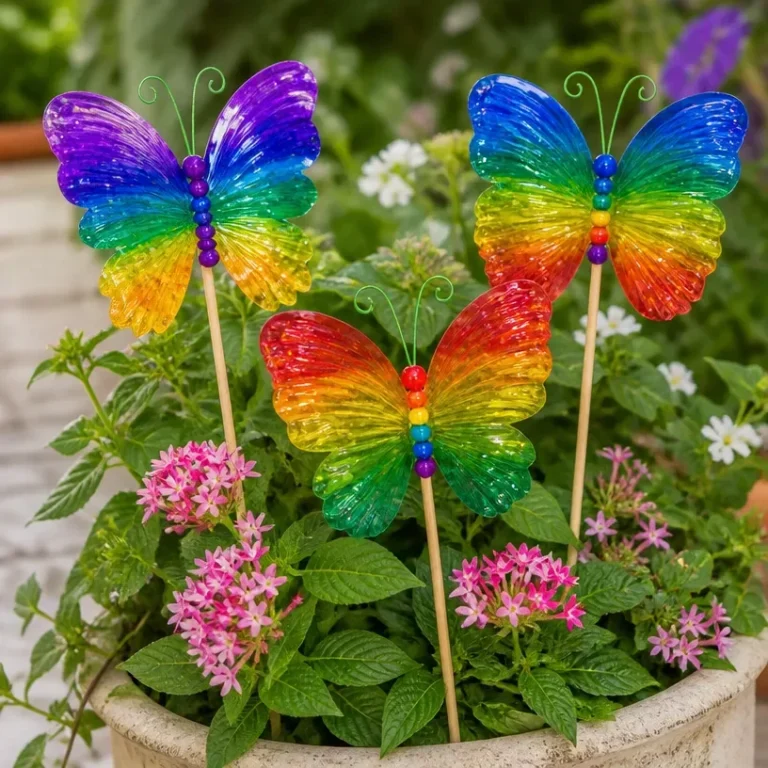 Colorful DIY Rainbow Butterfly Stakes made from recycled bottles in a garden