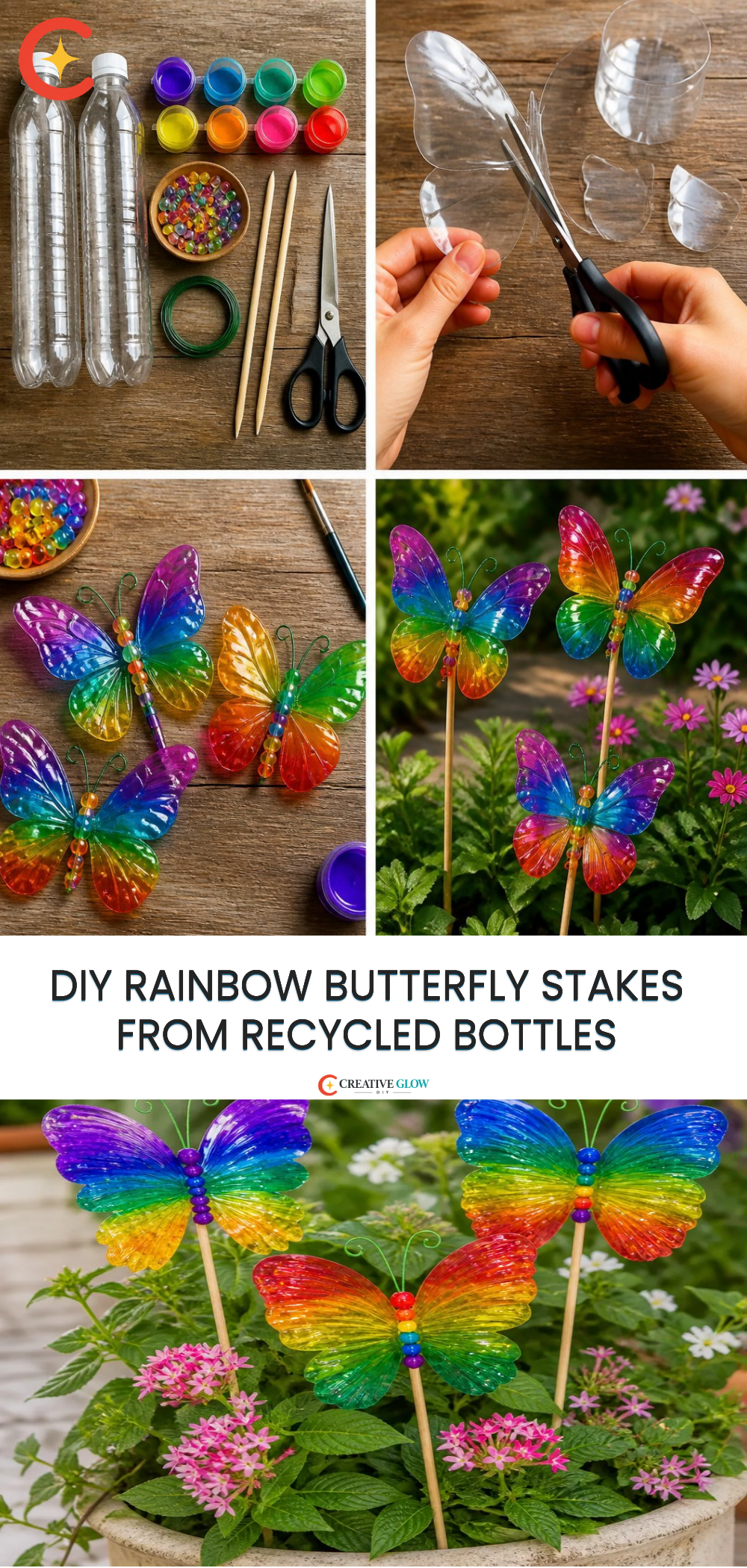 DIY Rainbow Butterfly Stakes from Recycled Bottles