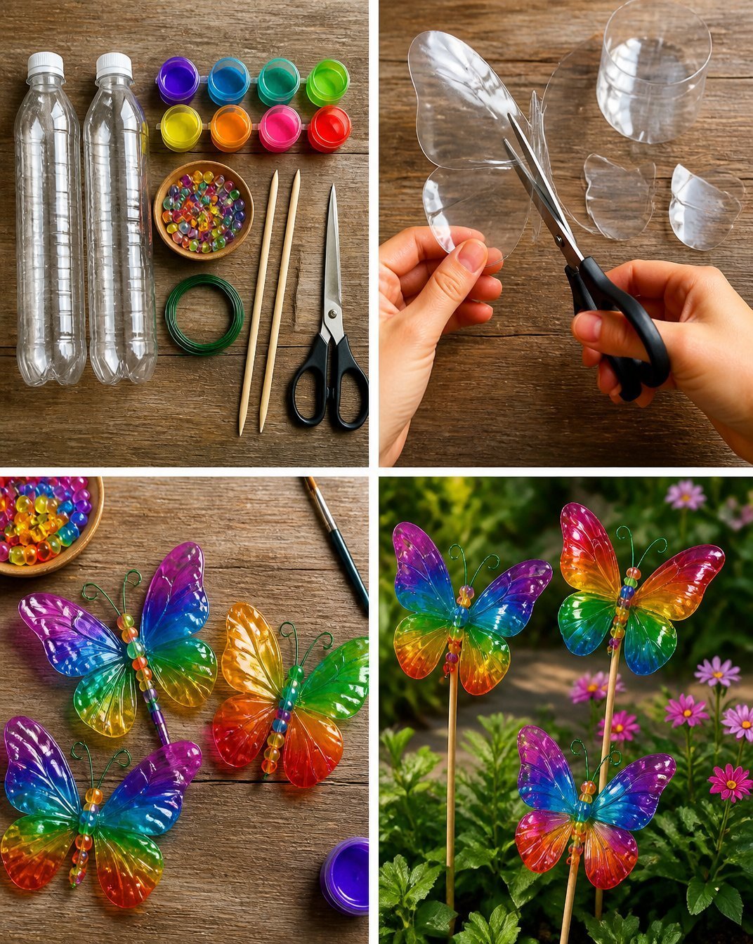 Rainbow Butterfly Stakes: Eco-Friendly Design Using Recycled Bottles
