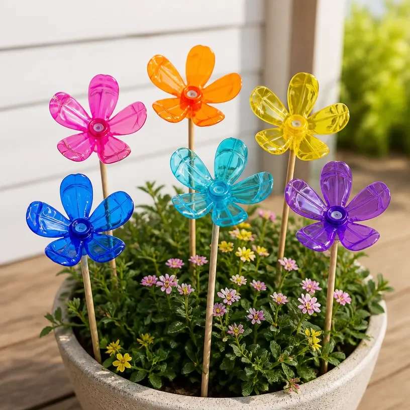 DIY rainbow-colored garden stakes made from recycled bottles
