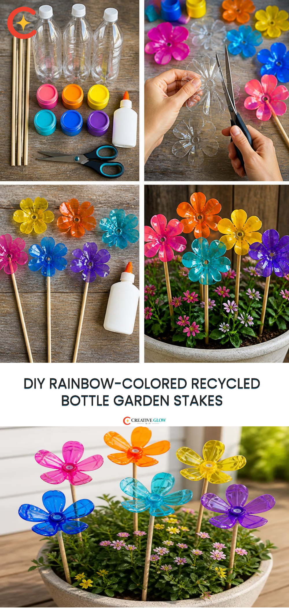 DIY Rainbow-Colored Recycled Bottle Garden Stakes