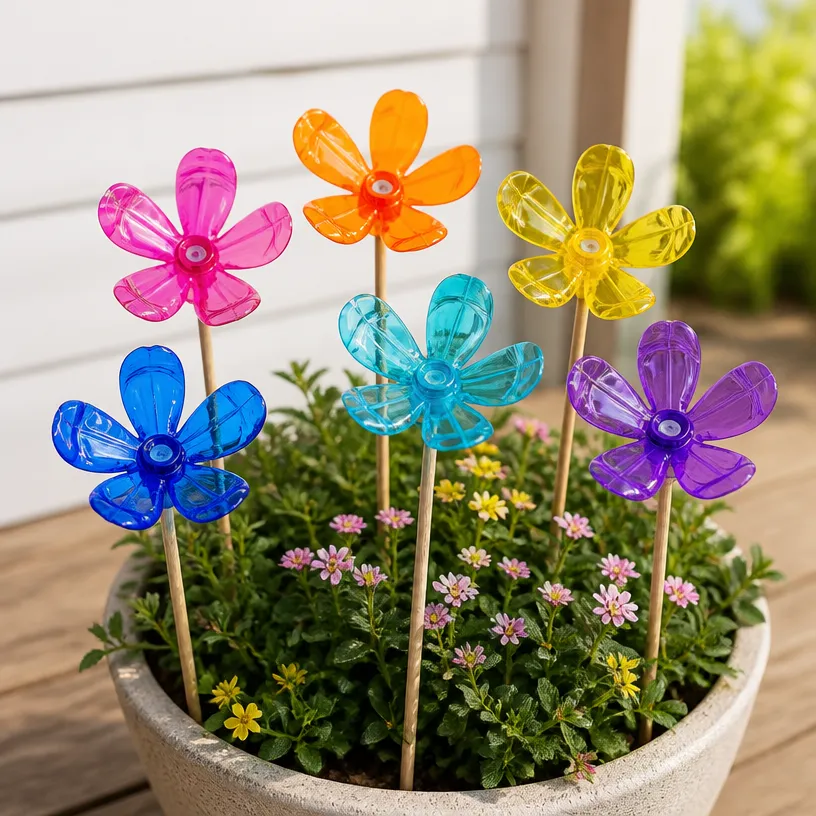 Rainbow-Colored Recycled Bottle Garden Stakes