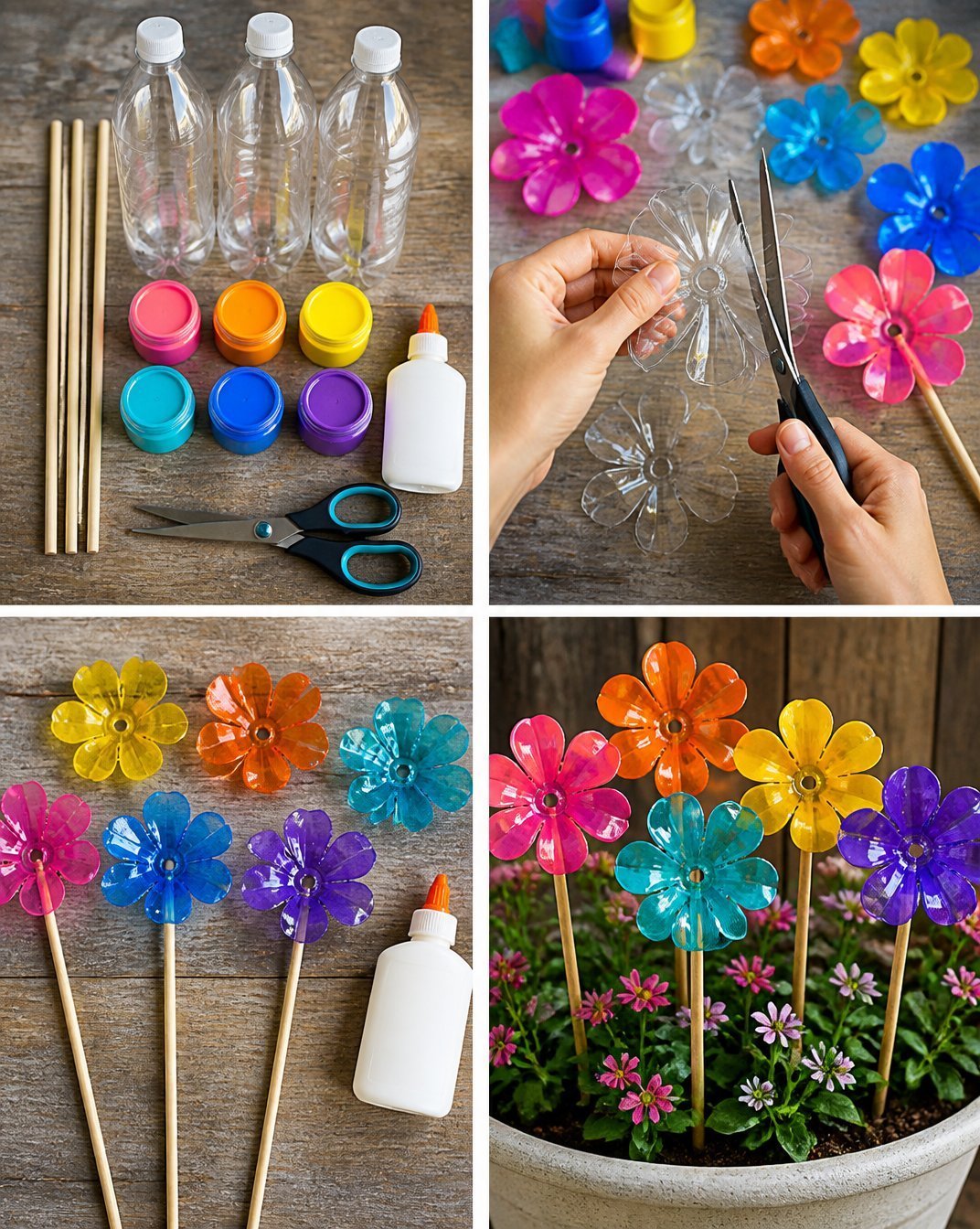 Rainbow-Colored Recycled Bottle Garden Stakes
