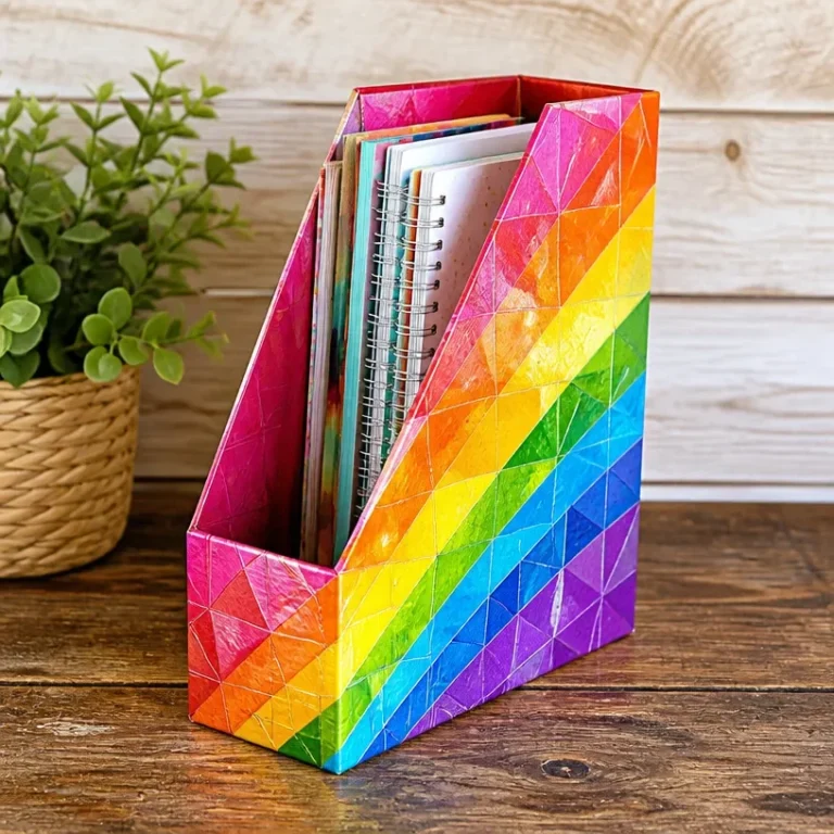 DIY rainbow magazine holder made from recycled cereal boxes