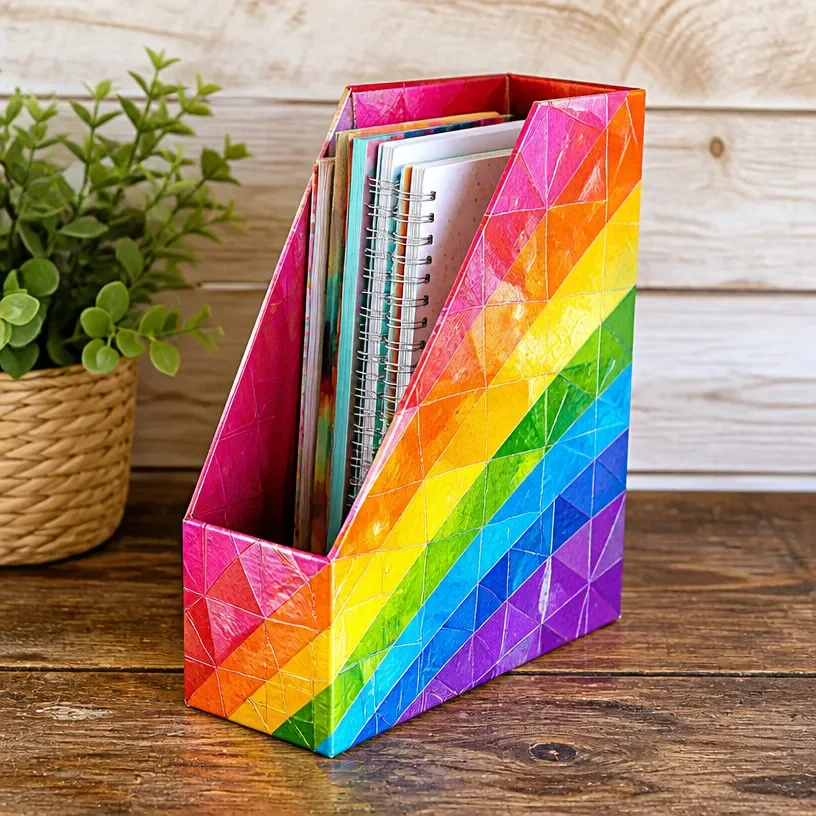 DIY rainbow magazine holder made from recycled cereal boxes