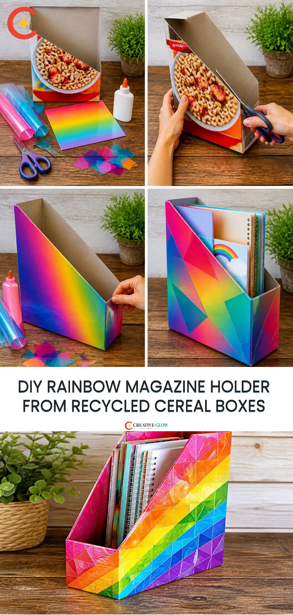 DIY Rainbow Magazine Holder from Recycled Cereal Boxes