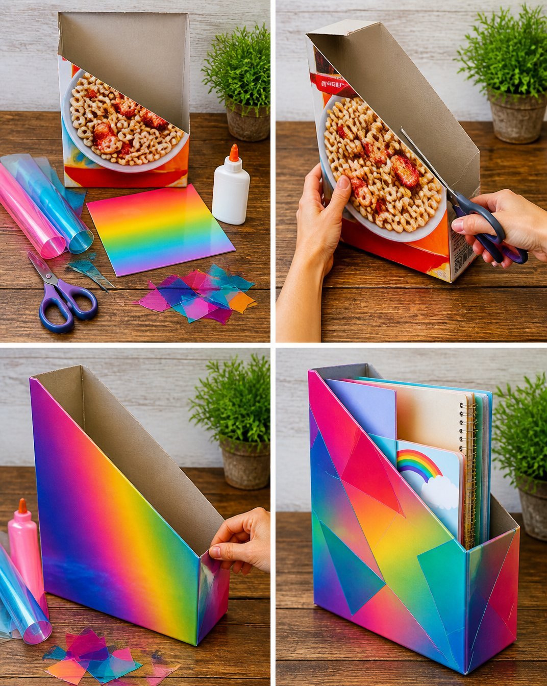 DIY Rainbow Magazine Holder from Recycled Cereal Boxes
