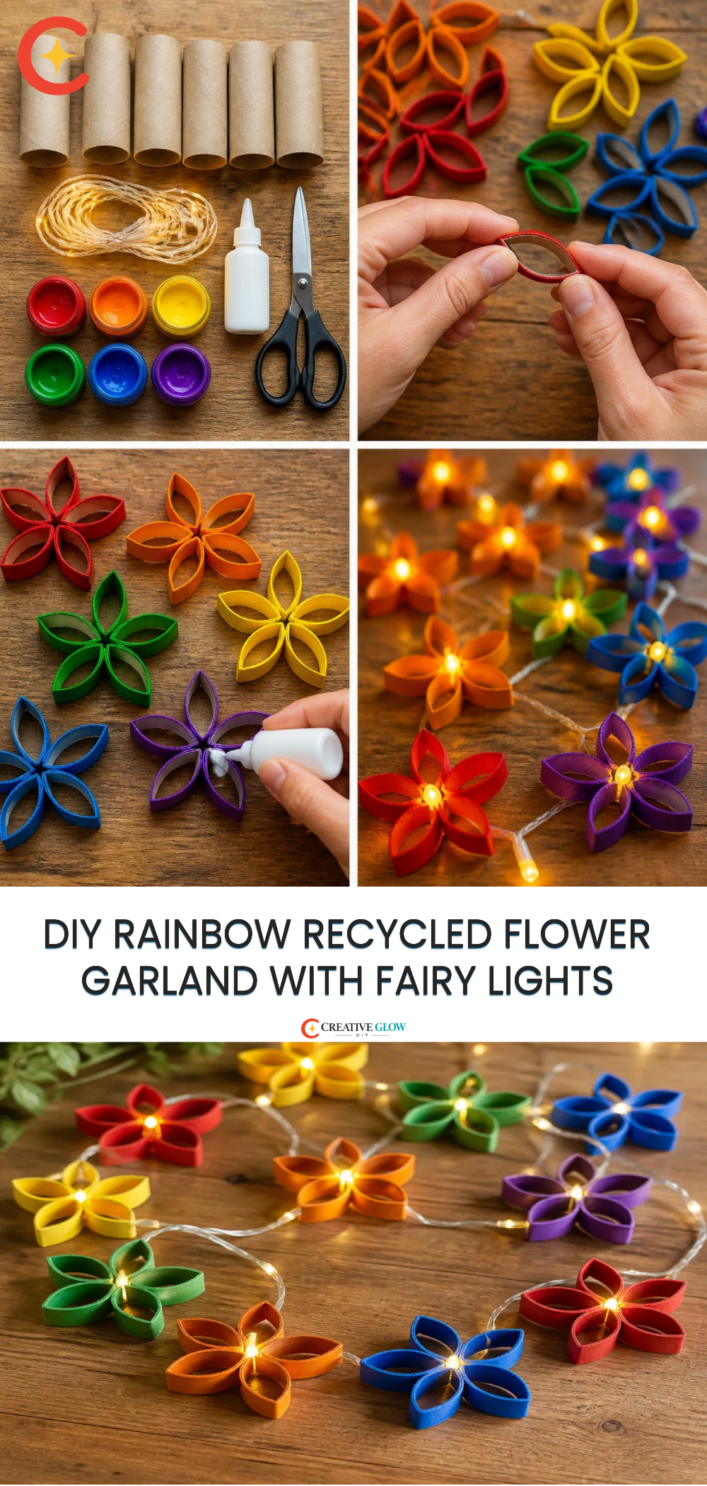 DIY Rainbow Recycled Flower Garland with Fairy Lights