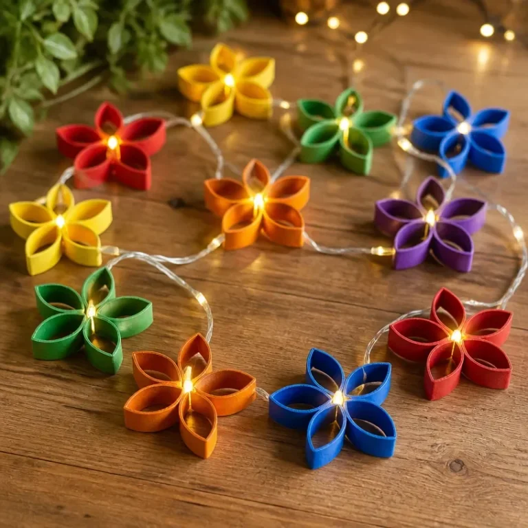 DIY Rainbow Recycled Flower Garland with illuminating fairy lights