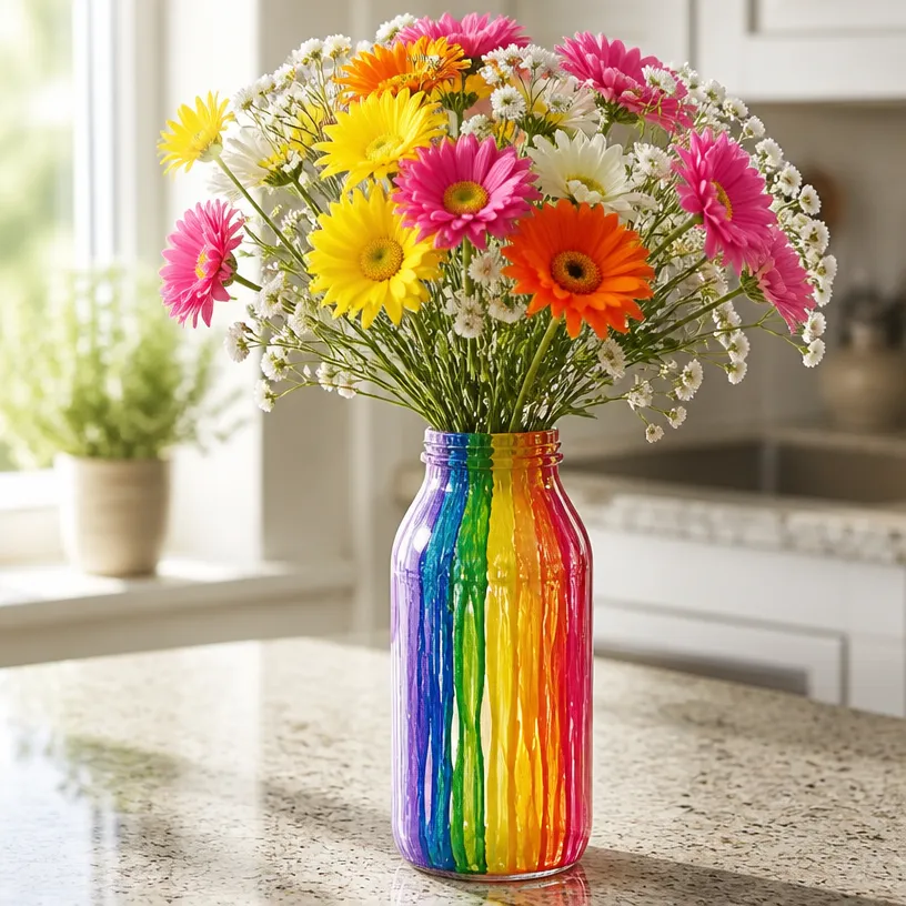 Rainbow Vase Made from Recycled Bottles - Eco-Friendly Decor