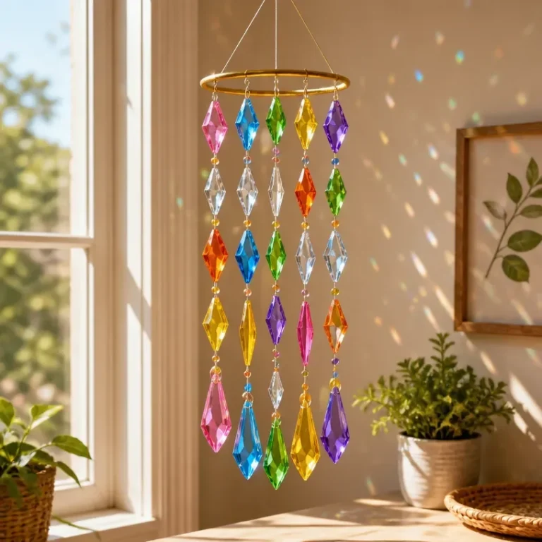 DIY recycled plastic bottle crystal suncatcher hanging in sunlight.