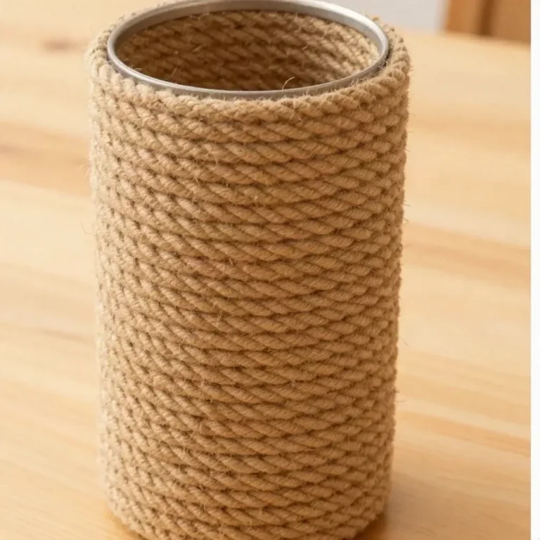 DIY rope-wrapped glass vase for home decor.