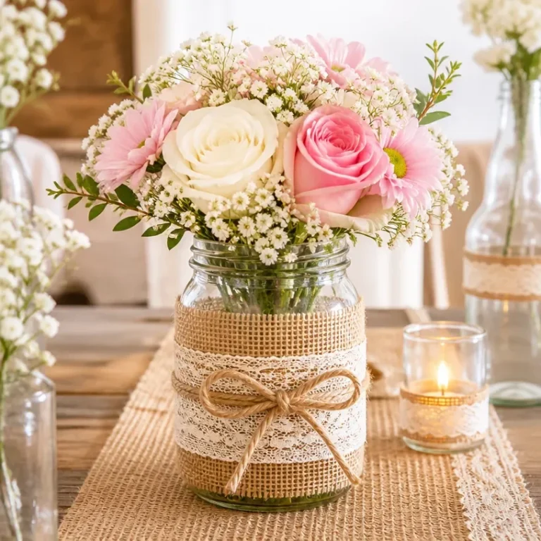 DIY rustic mason jar wedding centerpieces adorned with flowers