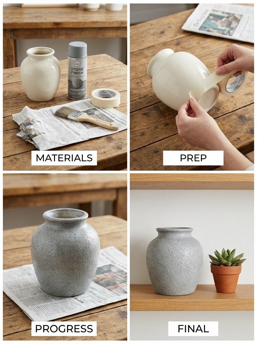 DIY Thrifted Ceramic Vase Makeover with Stone Finish