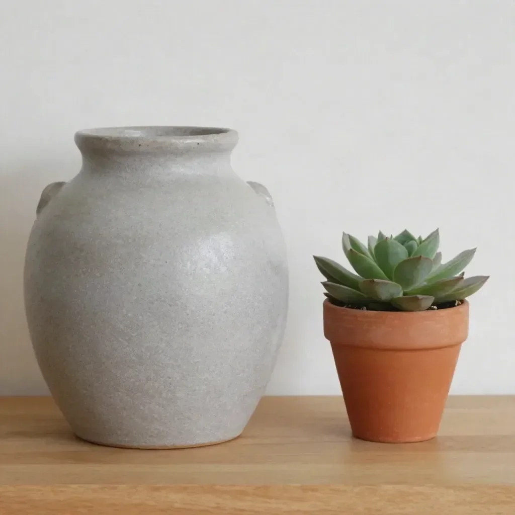 Thrifted ceramic vase after DIY makeover with stone finish