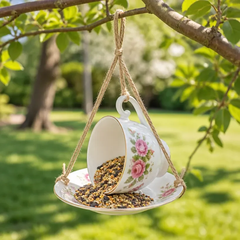 DIY thrifted teacup bird feeder in a colorful garden setting