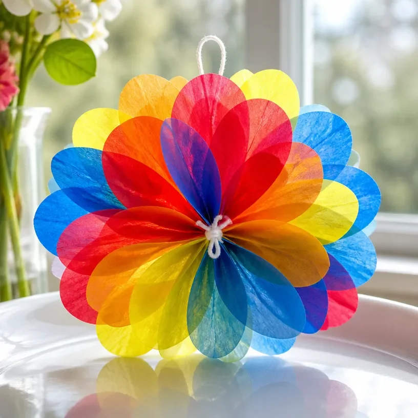 Colorful DIY tissue paper flower sun catcher hanging in a window