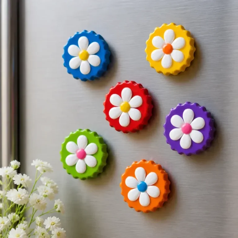 Colorful DIY upcycled bottle cap flower magnets crafted for decoration