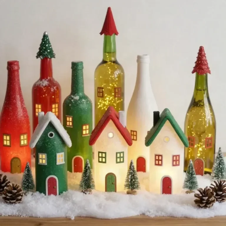 DIY upcycled bottle Christmas village decorated with colorful lights and snow