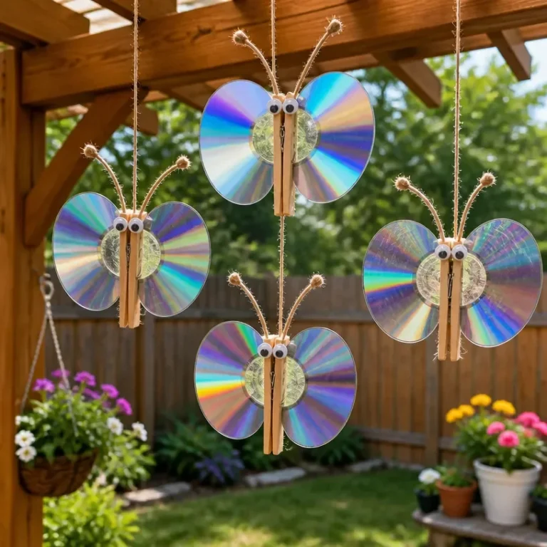 Colorful upcycled CD butterfly garden decor in a blooming garden