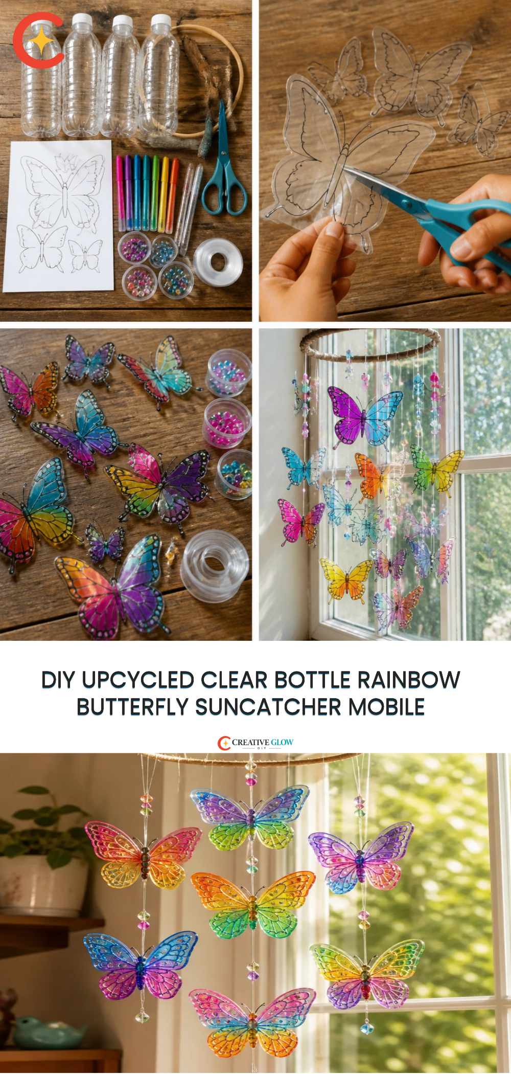 DIY Upcycled Clear Bottle Rainbow Butterfly Suncatcher Mobile