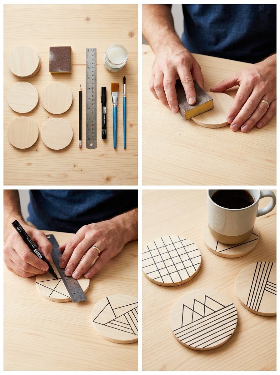 DIY Wood Coasters with Minimal Line Designs