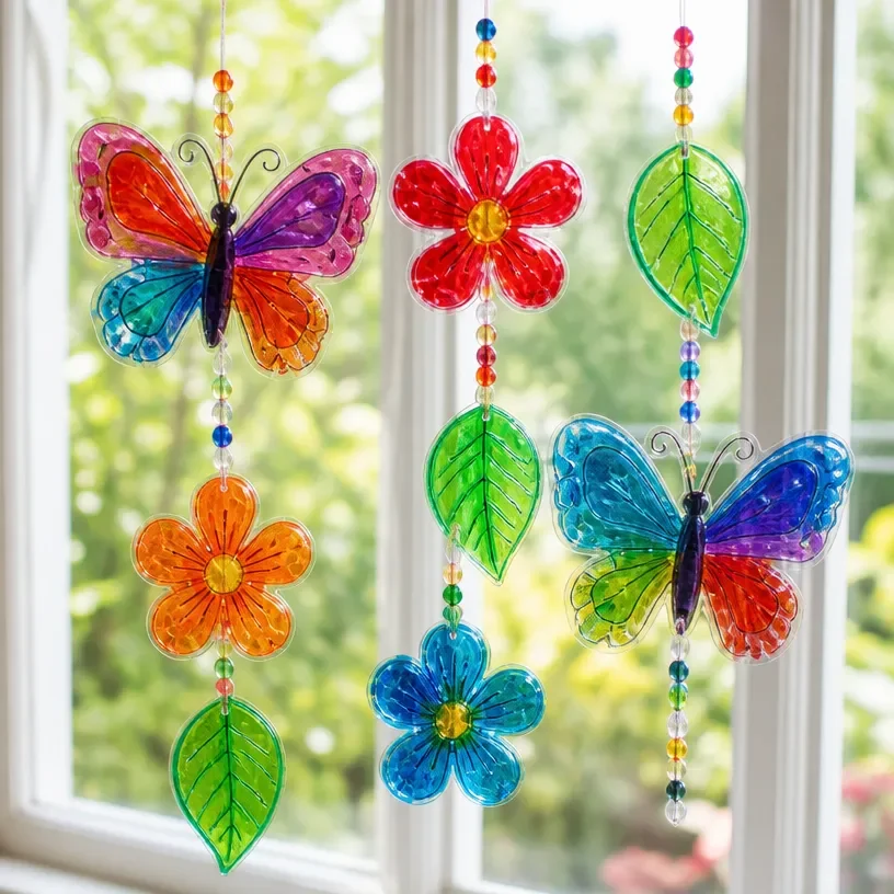 Colorful eco-friendly window art created from recycled bottles hung in sunlight.