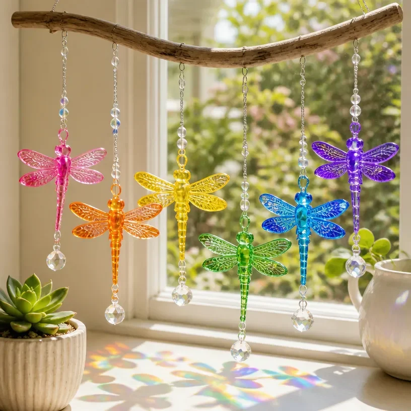 Colorful crystal suncatchers hanging in the sunlight, casting vibrant reflections.